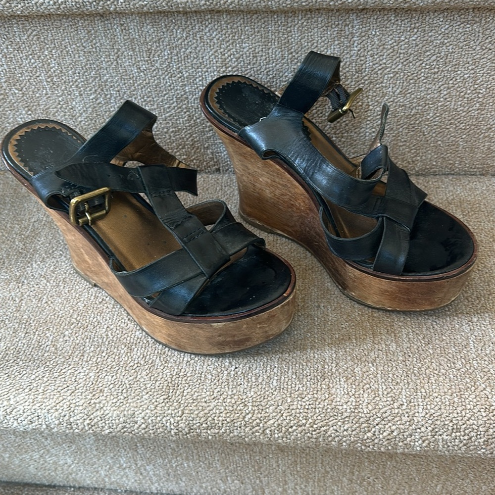 Aldo Black Leather Wedge Sandals - Picture 2 of 6